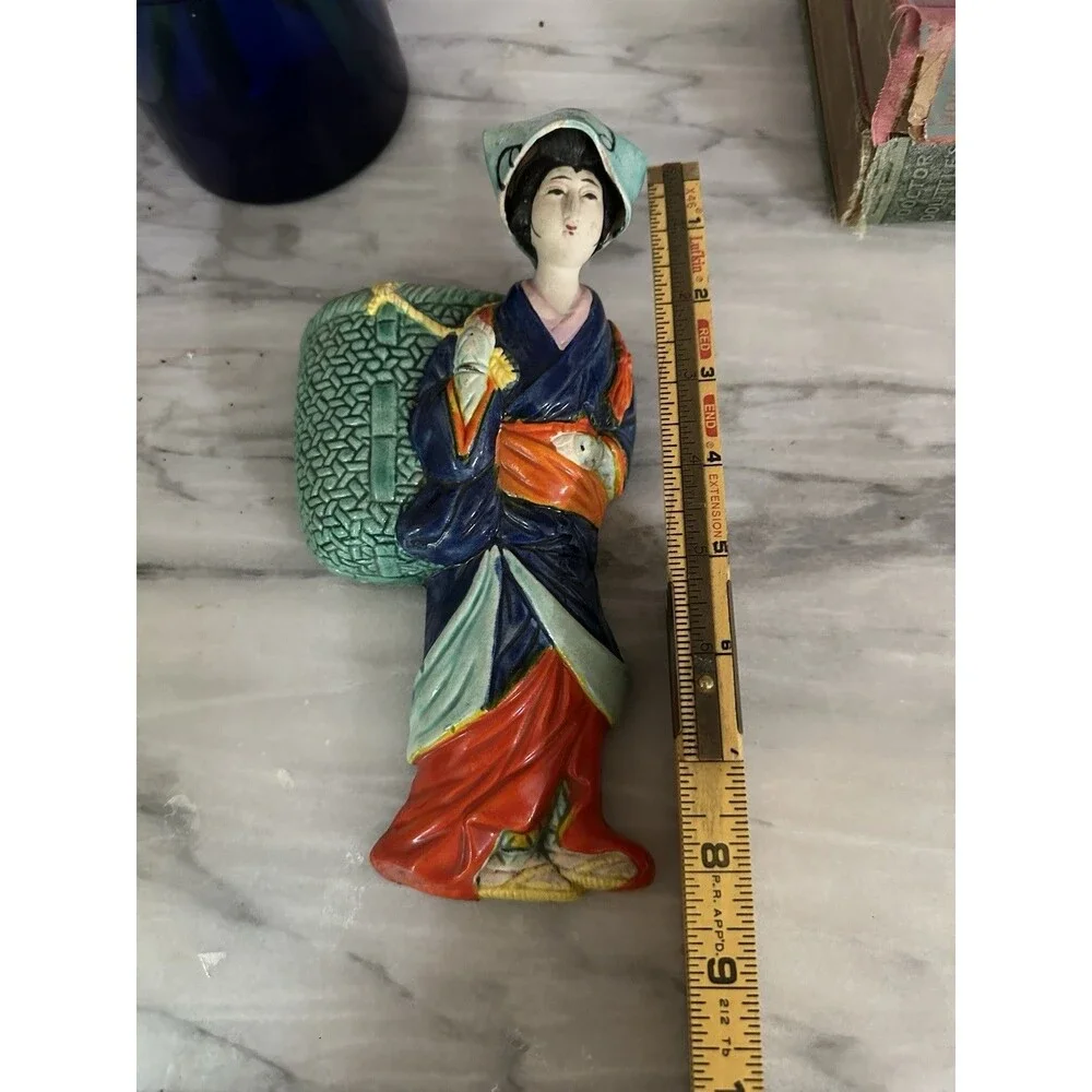 Antique 1922 HandPainted Porcelain Japanese Geisha Wall Pocket Planter Inscribed
